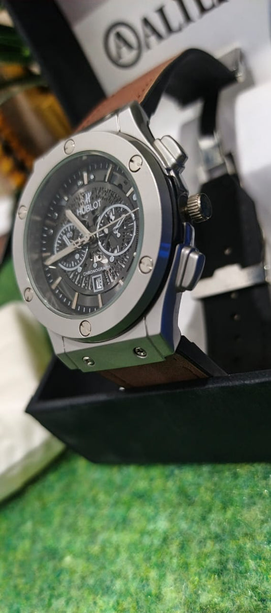ALIERO Hublot Silver & Brown Leather Strap Watch