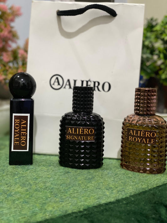 PACK OF 3 PREMIUM DEMANDING PERFUMS (ALIERO SIGNATURE), (ALIERO ROYAL), & (ALIERO ROYAL 30ML), DEAL