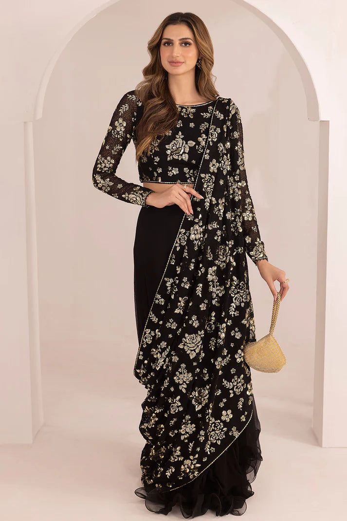 BRAND: JAZMIN – Chiffon Embroidered Sequence Luxury Saree (Unstitched 3PC) ✓