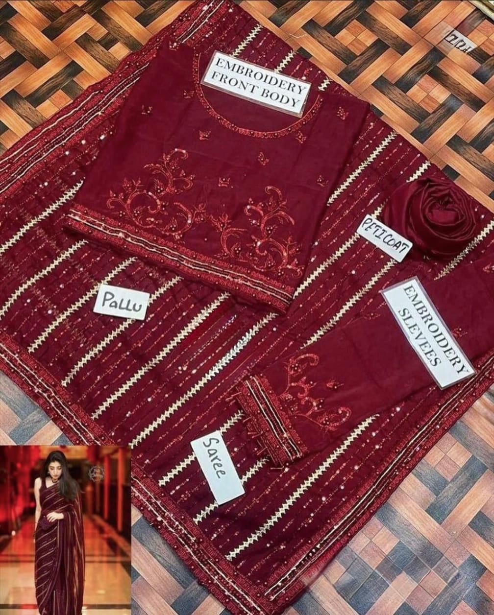 Chiffon Embroidered Saree – Unstitched Luxury Collection