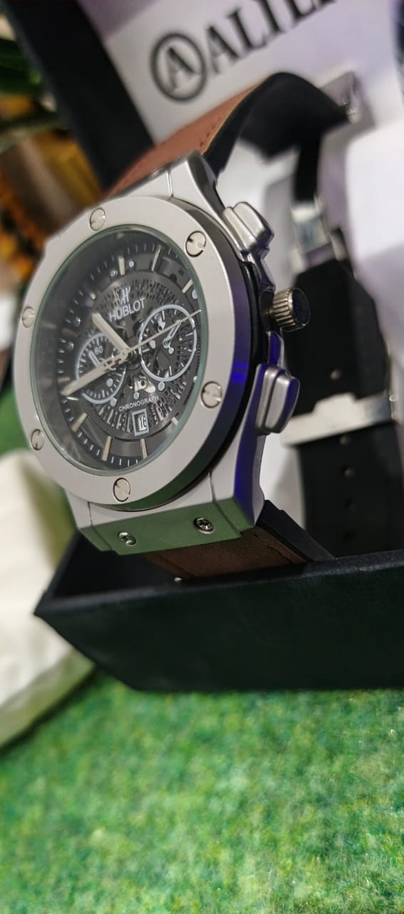 ALIERO Hublot Silver &amp; Brown Leather Strap Watch