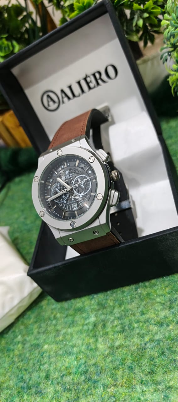 ALIERO Hublot Silver &amp; Brown Leather Strap Watch