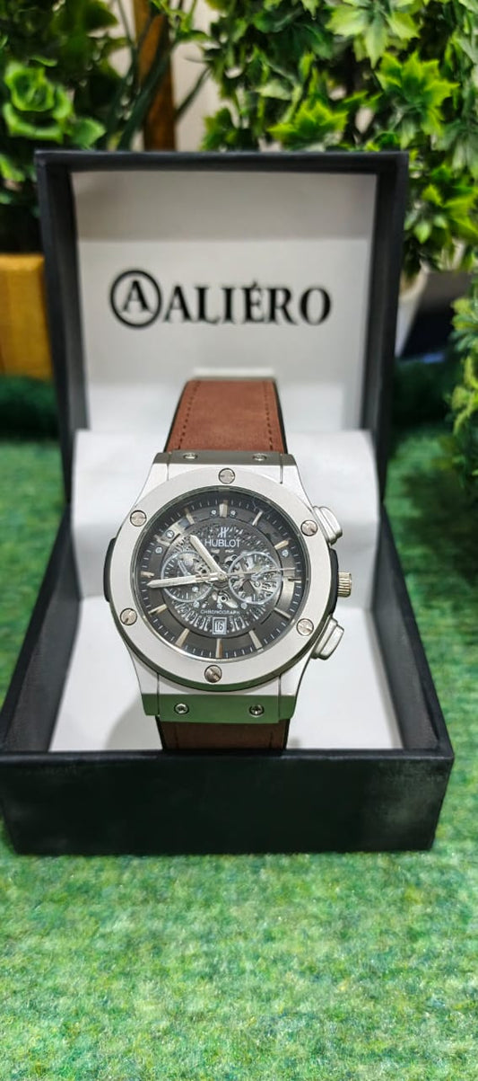 ALIERO Hublot Silver &amp; Brown Leather Strap Watch
